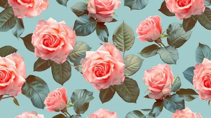 Pink roses on blue background seamless pattern