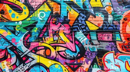 A vibrant urban graffiti wall, bursting with colors and expressive designs, capturing the raw energy and creativity of street art.