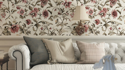 A vintage floral wallpaper design, with intricate details and muted colors, offering a nostalgic and romantic backdrop.