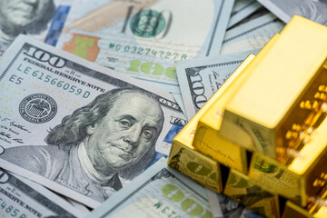 treasure finance background with dollar and gold bars. Saving and wealth concept