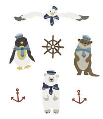 Cute Arctic animals set on a white background. Cartoon flat otter, penguin, arctic polar bear, seagull. North nature fauna animals. Vector illustration in flat
