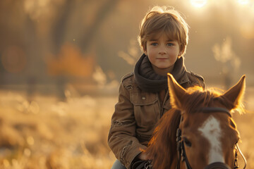 A cuacasian boy riding a horse for the first time, holding on tightly with glee