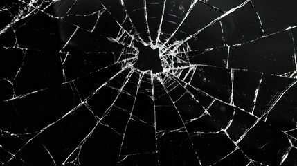 Fototapeta premium Abstract pattern of spider-web cracks emanating from a central hole in a pane of glass, showcased against a deep black backdrop.