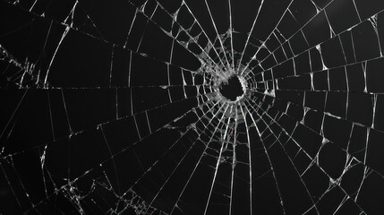 Obraz premium Abstract pattern of spider-web cracks emanating from a central hole in a pane of glass, showcased against a deep black backdrop.