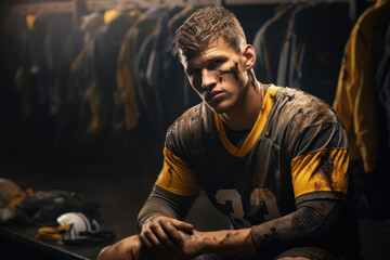 young handsome caucasian football player sitting in locker room at sport club
