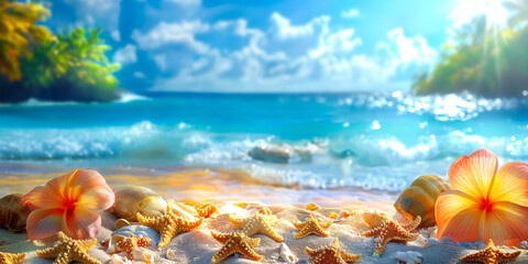 Summer beach scene with tropical flowers, plants, starfish and shells on the sand. Summer banner, copy space