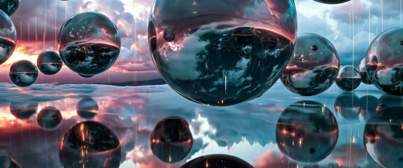 Multiple reflective spheres floating above a tranquil lake, mirroring the sunset sky and clouds. Surreal composition 