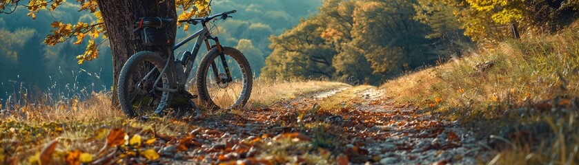 A mountain bike propped against a tree with a scenic trail stretching into the distance, symbolizing endurance, adventure, and the joy of offroad biking