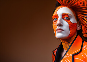 Fashion portrait person with striking fish tail makeup in vibrant orange and white, set against a matching black orange background.