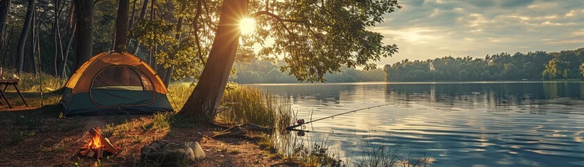 A peaceful lakeside campsite with a tent, a fishing rod leaning against a tree, and a campfire ready to be lit, evoking tranquility and outdoor relaxation