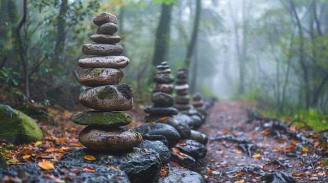A series of trail markers or cairns leading through a dense forest, evoking the sense of direction, discovery, and journeying into the unknown