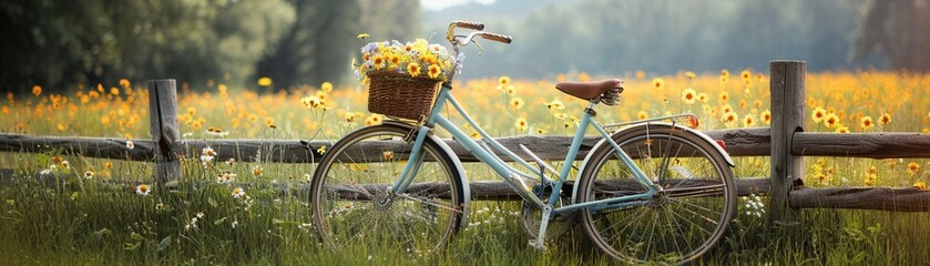 An old bicycle leaning against a wooden fence with a basket filled with wildflowers, evoking the joy of summer rides through the countryside - Powered by Adobe