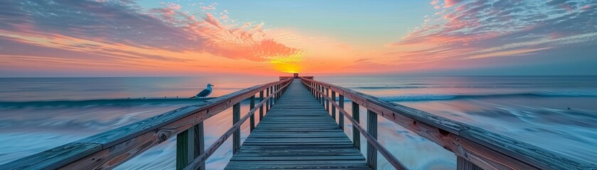Obraz premium Boardwalk at Dawn A wooden boardwalk stretching out to sea with seagulls perched along the railings, symbolizing the calm and anticipation of a new summer day