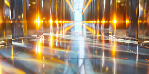 Modern, futuristic corridor lined with reflective capsules and illuminated by vibrant orange lights.