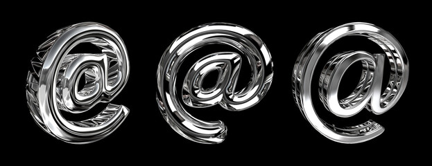 Three shiny metallic at symbols with a reflective surface on a black background