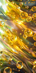 Golden bubbles suspended in a translucent medium, creating a vibrant, effervescent texture. Beauty and complexity of microscopic worlds. Concepts related to science, nature, and abstract art.