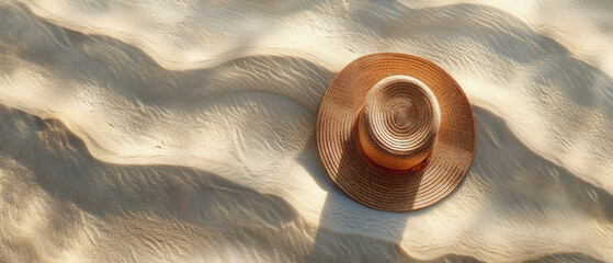 top view of woman beach straw hat on sandy beach sand texture background during day sunlight for advertising mockup