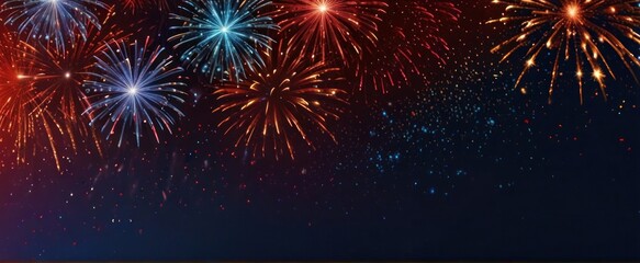 abstract Red, gold and blue glitter background with fireworks. Christmas eve, 4th of July holiday concept