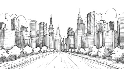 Megalopolis city street illustration. Hand drawn sket