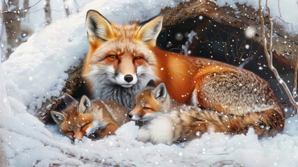 Fototapeta premium An enchanting scene of a fox and her cubs snuggled in a snowy den, their vibrant coats contrasting against the pristine white snow, symbolizing warmth in the heart of winter.