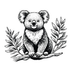 koala illustration. hand drawn koala black and white vector illustration. isolated white background