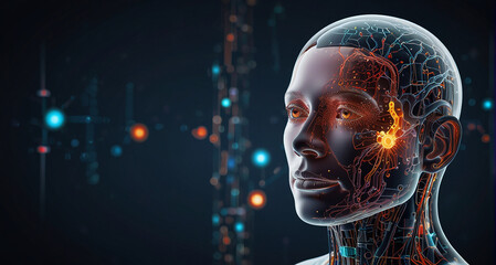 Robot woman, female cyborg portrait, humanoid cyber machine controlled by artificial intelligence, tech of the future, futuristic fantasy, AI generative 
