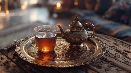 Tray with tea pot on table closeup