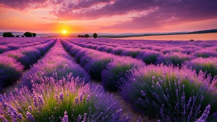 Sunset over a summer lavender field in Tihany, Hungary