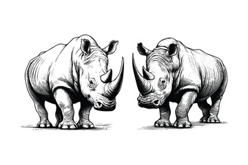 set of rhino illustration. hand drawn rhino black and white vector illustration. isolated white background