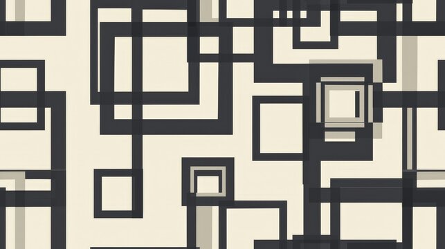 An abstract seamless pattern with a focus on geometric precision and minimalist design. The pattern features interlocking squares and rectangles in a monochromatic palette, creating a sleek and