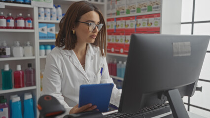 A young hispanic female pharmacist in a lab coat holds a tablet while working indoors at a pharmacy...