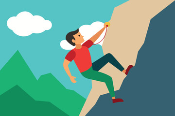 Fototapeta premium Rock climbing. A young athlete with equipment climbs a mountain.