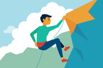 Fototapeta premium Rock climbing. A young athlete with equipment climbs a mountain.