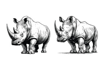 set of rhino illustration. hand drawn rhino black and white vector illustration. isolated white background