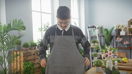 Handsome young man wearing an apron standing in a vibrant, green florist shop filled with plants...