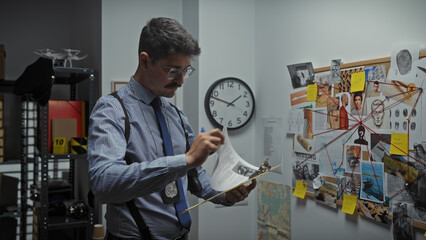 Hispanic man with a moustache in a detective office examines evidence beside a corkboard with clues...