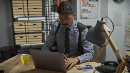 Hispanic detective analyzes information on a laptop in a well-equipped police station office.