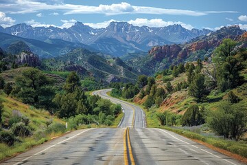 Naklejka premium Amidst stunning mountains and lush forests, a scenic road winds through nature's beauty, inviting exploration