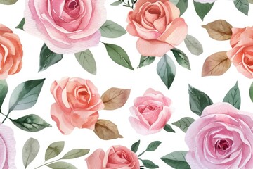 Seamless pattern, floral watercolor in the style of roses and leaves, pink pastel colors, white background.