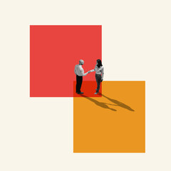 Poster. Contemporary art collage. Businessman shaking hands with his partner against background with colorful squares. Concept of partnership, deals, business acquisition, cooperation, teamwork. Ad
