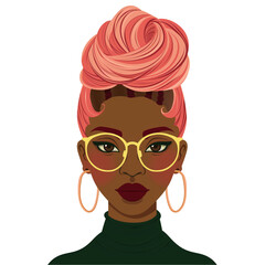 african girl with pink hair wearing glasses . Clipart PNG image . Transparent background . Cartoon vector style