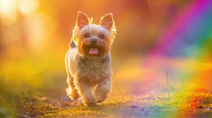 Joyful Yorkshire Terrier Running in Vibrant Sunset Light