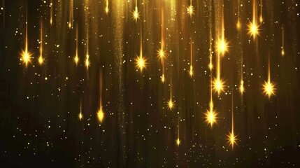 There are golden stars falling on a transparent modern background. Abstract comet or meteorite rain in the sky with sparkles and dust. A galaxy glitter glow falls with a trail effect frame. A white