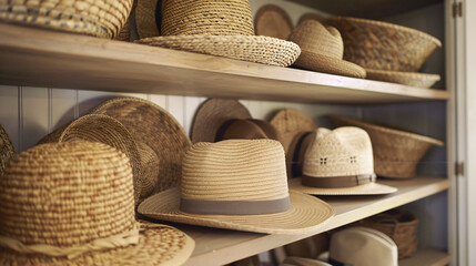 Trendy straw hats on shelves in wardrobe - Powered by Adobe