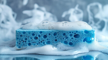 Blue sponge for washing dishes. Cleaning