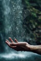 Open hand with drops of water running down, background with a waterfall in a forest, nature, tranquility.