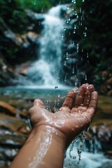 Open hand with drops of water running down, background with a waterfall in a forest, nature, tranquility.