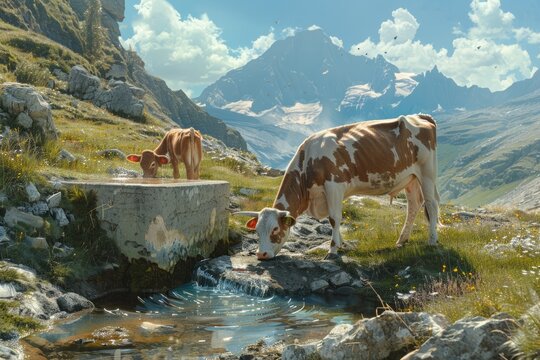Cow and a calf drinking water from a concrete well in an alpine meadow, mountains in the background, livestock farming concept.