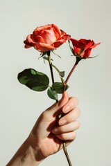 Woman's hand holding roses, white background, minimalist style.