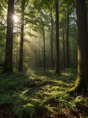 Sunlight pierces through dense canopy of serene forest, casting ethereal beams that illuminate lush, green ferns below. Tall trees, with their sturdy trunks, verdant leaves.